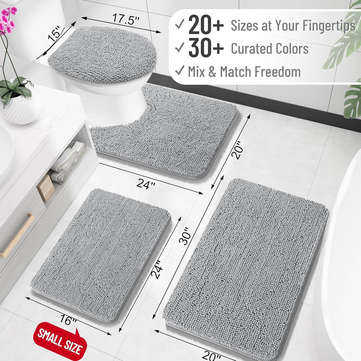 OLANLY Bathroom Rugs 34x21, Extra Soft Absorbent Chenille Bath Rugs, Rubber Backing Quick Dry, Machine Washable Bath Mats for Bathroom Floor, Tub and Shower, Home Decor Accessories, Light Grey