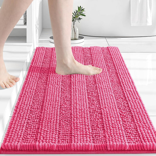 Grandaily Chenille Striped Bathroom Rugs 30x20, Extra Thick and Absorbent Bath Mats, Non-Slip Soft Plush Shaggy Shower Carpet, Machine Wash Dry, Bath Rug for Bathroom, (Medium, Hot Pink)
