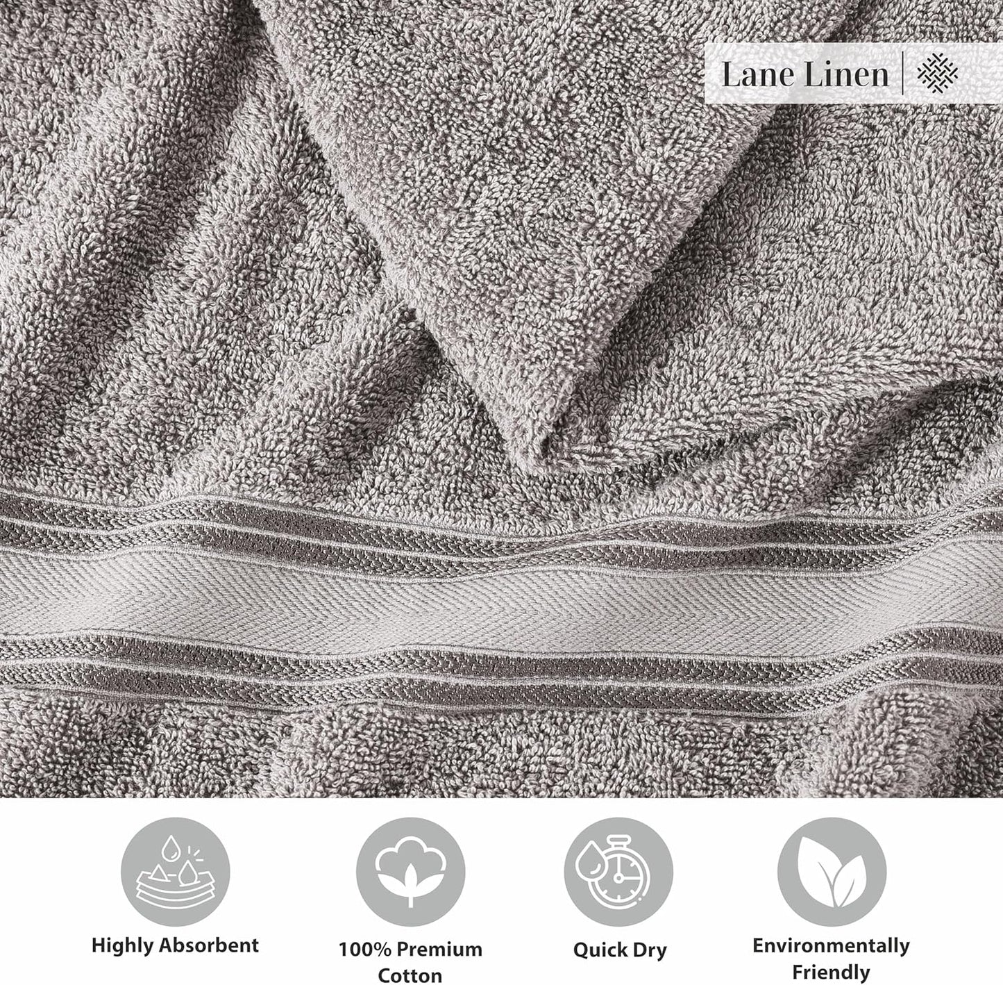 LANE LINEN Luxury Bath Towels Set - 3 Piece 100% Cotton Bathroom Towels, Quick Dry, Extra Aborbent, Super Soft Towels Set 1 Hand Towel, 1 Wash Cloths, 1 Bath Towel, Space Grey