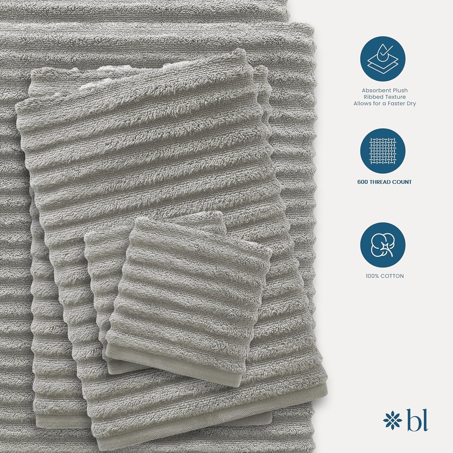 Blue Loom Ribbed Bath Sheet & Towel, 100% Cotton 600 GSM, Soft Absorbent Durable Quick Drying Bath Sheet & Bath Towel Set for Bathroom - Mason Set of 2 Stone Grey (65" x 45" & 58" x 30")