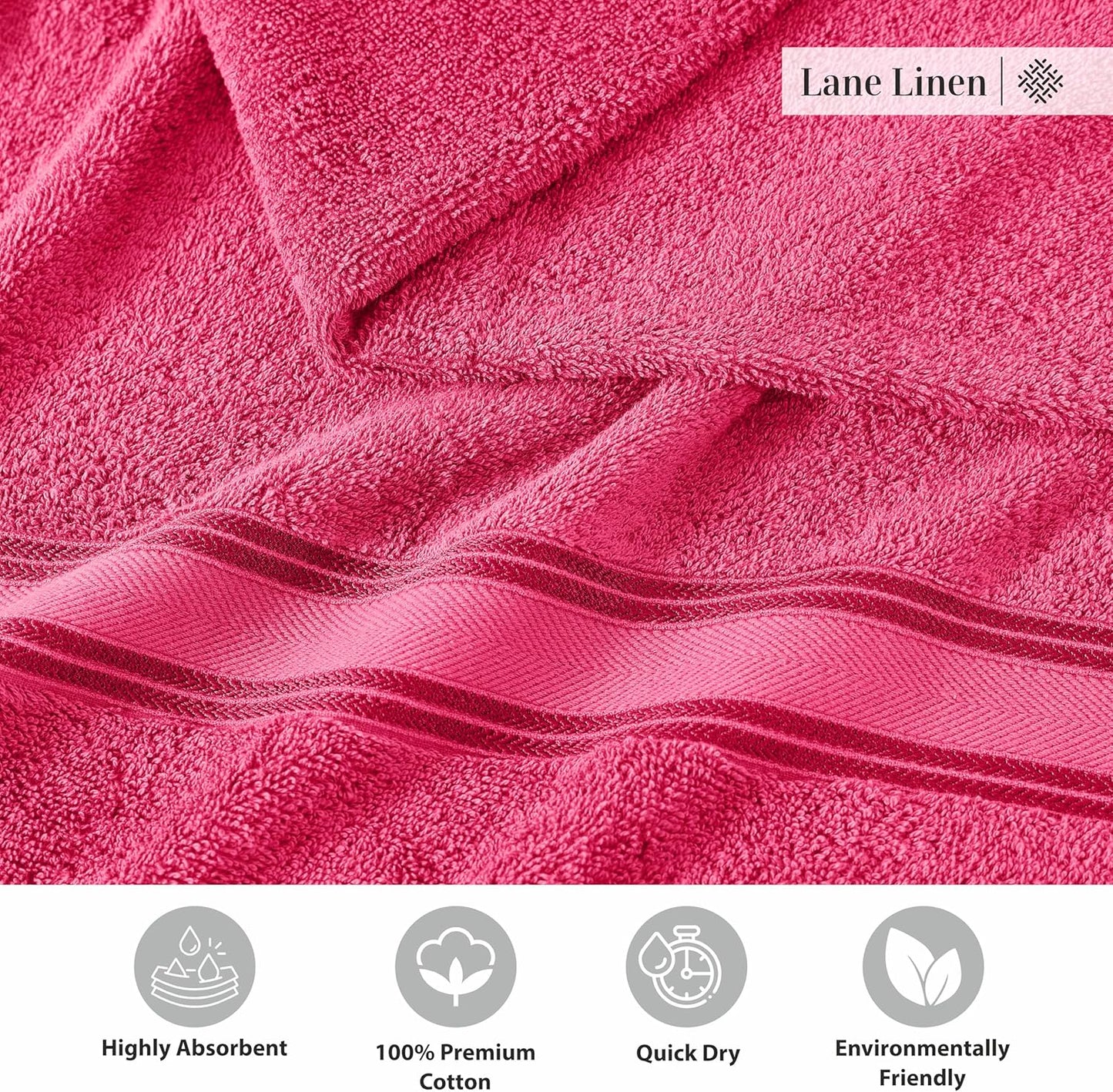 LANE LINEN 100% Cotton Large Bath Towels Set of 4 (30"x60") - Zero Twist, Mercerized Cotton Bathroom Towel 4 Pack - Quick Dry, Soft & Absorbent Large Towels Set - Dorm Essentials for Girls - Fuchsia