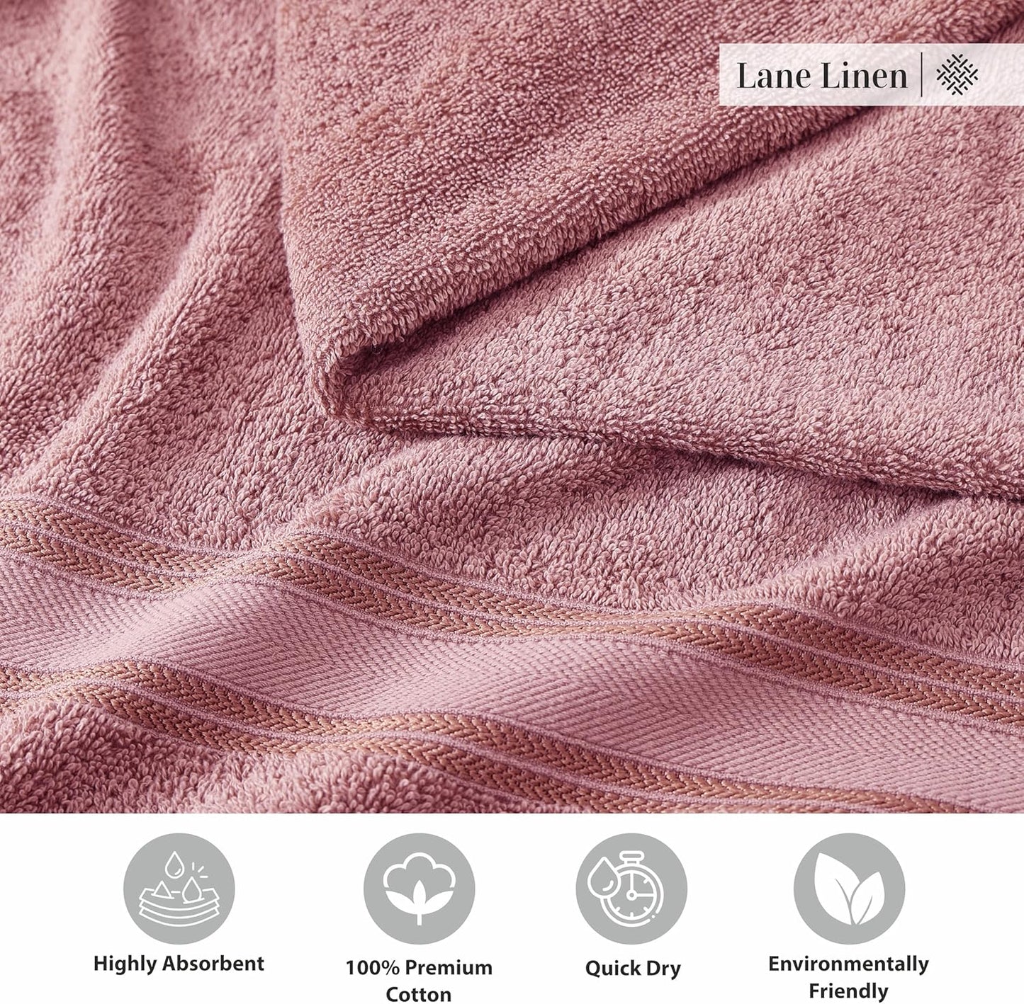 LANE LINEN Luxury Bath Towels Set - 3 Piece Set, 100% Cotton Bathroom Towels, Zero Twist, Quick Shower Towels, Absorbent Bath Towel, Soft, 1 Bath Towel, 1 Hand Towel, 1 Wash Cloths - Wishful Mauve
