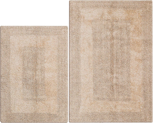 Bathroom Rugs Set 2 Piece Linen Beige Cotton Tufted Reversible Washable Bath Mats for Bathroom Floor| Quick Dry Bathroom Mat for Tub Spa Shower Toilet| Entry Way Door Mats|21x32 & 17x24 Inches