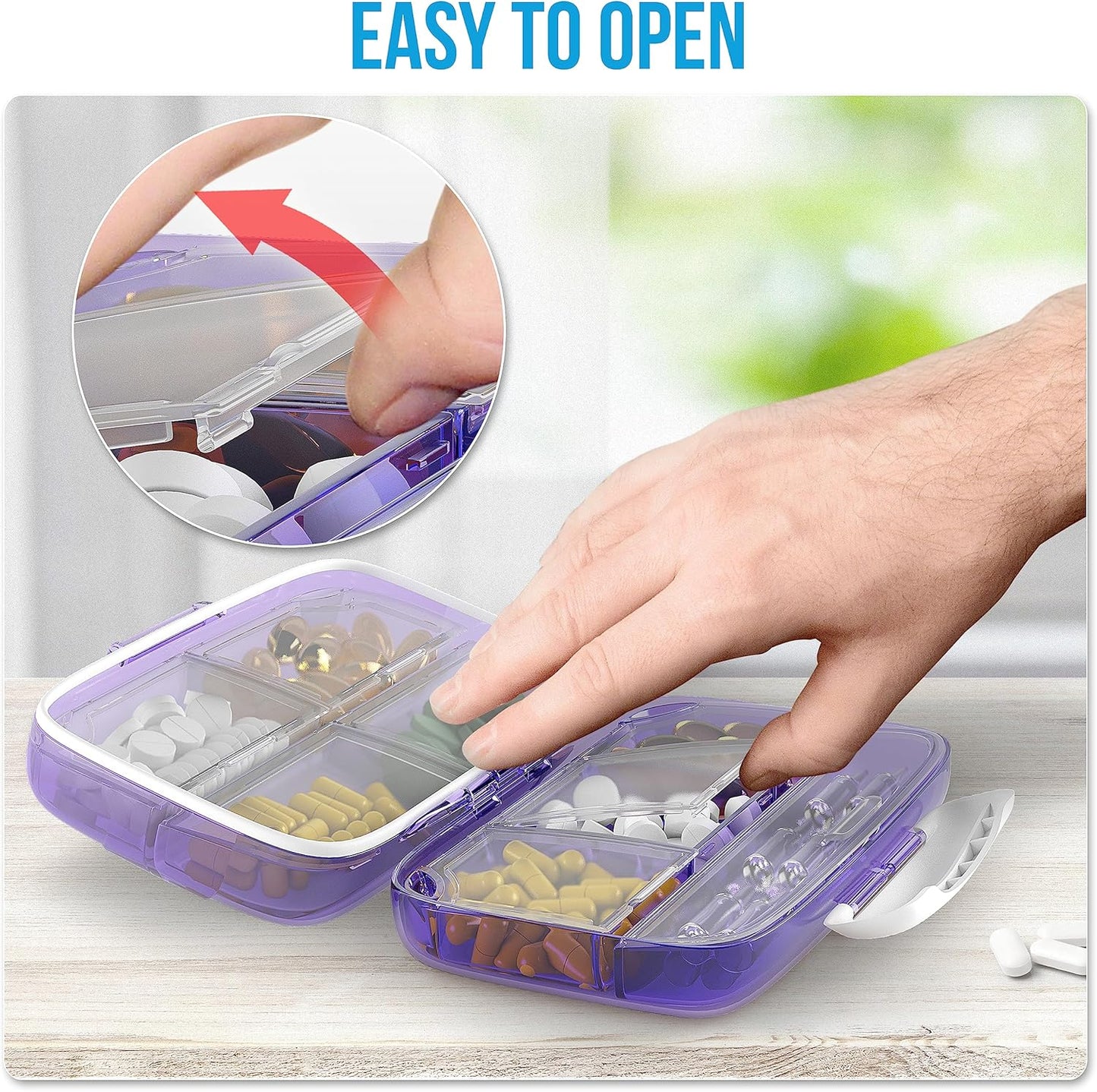 Travel Pill Organizer - Airtight Medicine Case for Traveling Portable Pharmacy Box with Labels Vitamin Container 8 Compartment Supplement Medication Holder Large Capacity Daily (Purple)