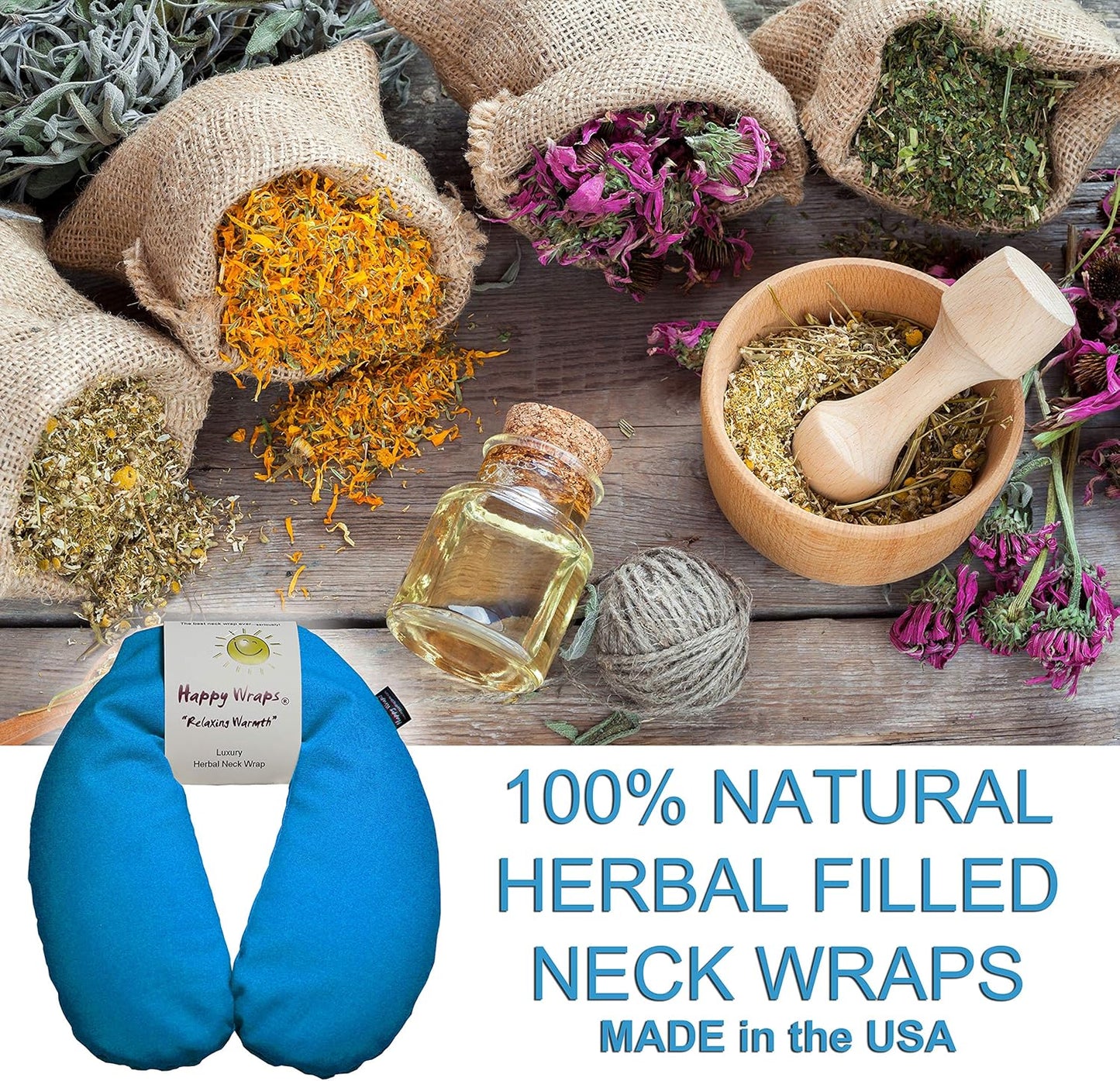 Microwavable Herbal Neck Wrap - Hot Cold Aromatherapy Neck Warming Pillow - Heating Pad for Migraines, Stress, Gifts for Women, Birthdays, Christmas and Free Sleep Mask - Turquoise